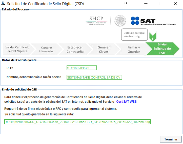 envio de solicitud de CSD al SAT