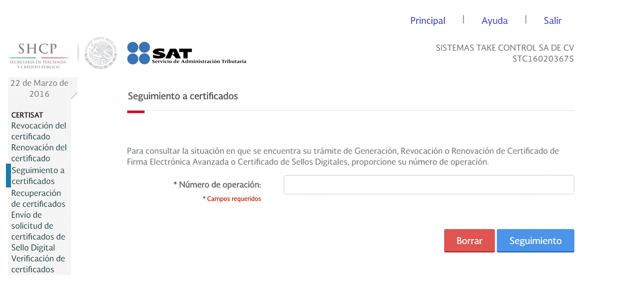 seguimiento a certificados, numero de operacion necesario para timbrar facturas