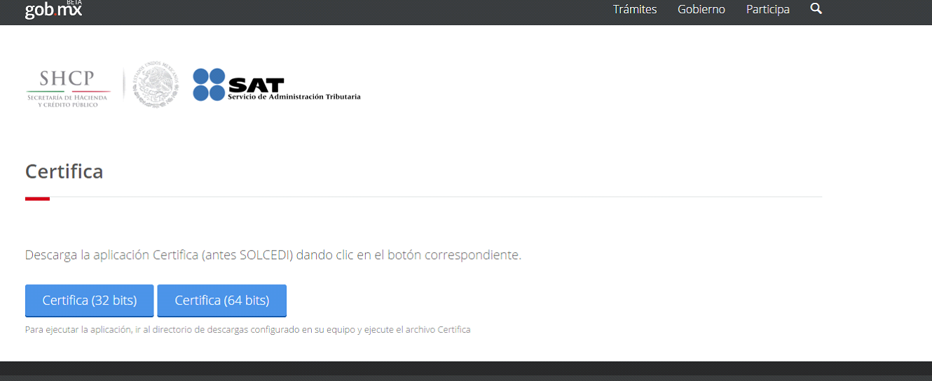 version de aplicacion Certifica(antes SOLCEDI) SAT