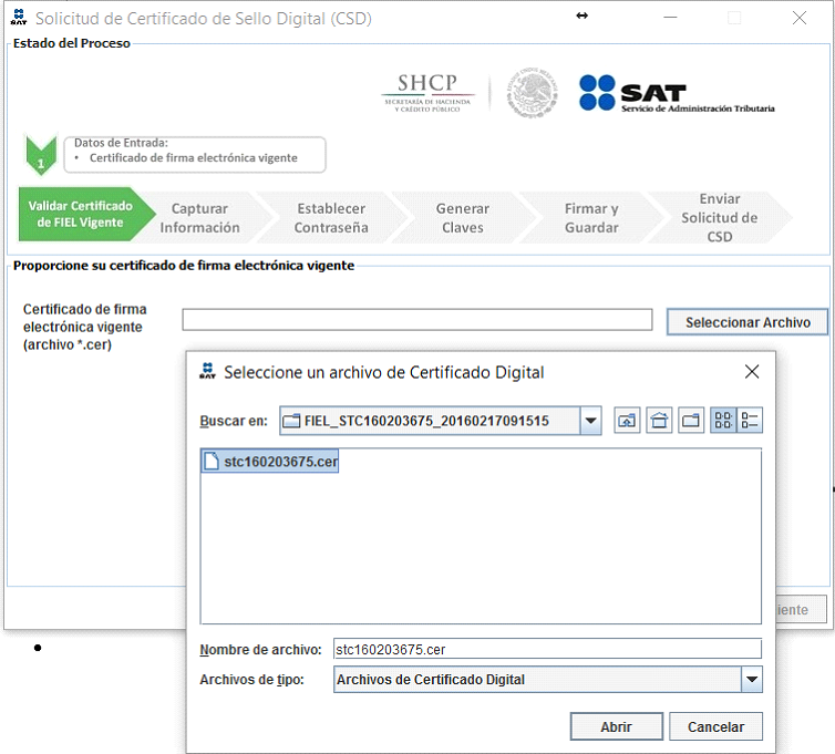 selecciona tu certificado de firma electronica vigente