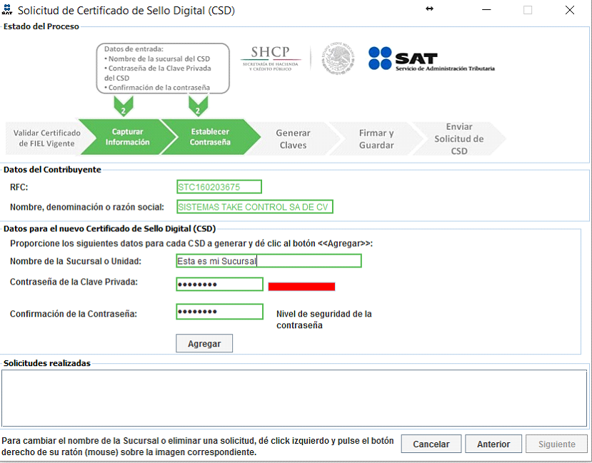 captura de informacion Solicitud de sello digital (CSD)