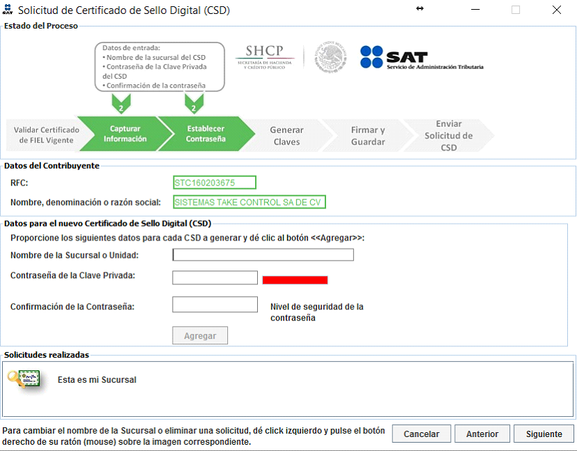 captura de informacion de sucursal Solicitud de sello digital (CSD)